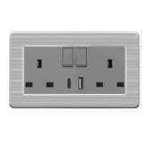 13A 2-Gang Double UK Socket USB-A USB-C Fast Charger  Stainless Steel Brushed